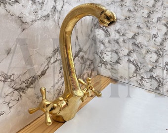 Brass swan faucet for kitchen & bathroom Handmade Faucet-  Sink moroccan faucet- Engraved brass counter faucet #F3