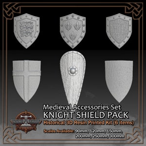 May include: A set of six 3D printed resin knight shields, including a crusader shield, a shield with a fleur-de-lis design, a shield with a lion design, and three plain shields. The shields are available in six sizes: 90mm, 120mm, 150mm, 200mm, 250mm, and 300mm.