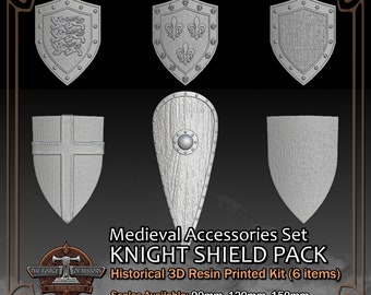 Medieval Knight Shields Pack (Accessories Set/6 Items) - 3D Resin Printed Model Kit - Scale from 90mm to 300mm