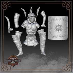 K&ouml;nnte beinhalten: Zerlegte Gladiatorenfigur mit Helm mit Federn, Torso, Armen, Beinen, Schild und einem gebogenen Schwert. Die Teile sind silberfarben und detailliert, mit sichtbaren Texturen und Designs. Der Schild hat einen Lorbeerkranzrand und ein zentrales Emblem.