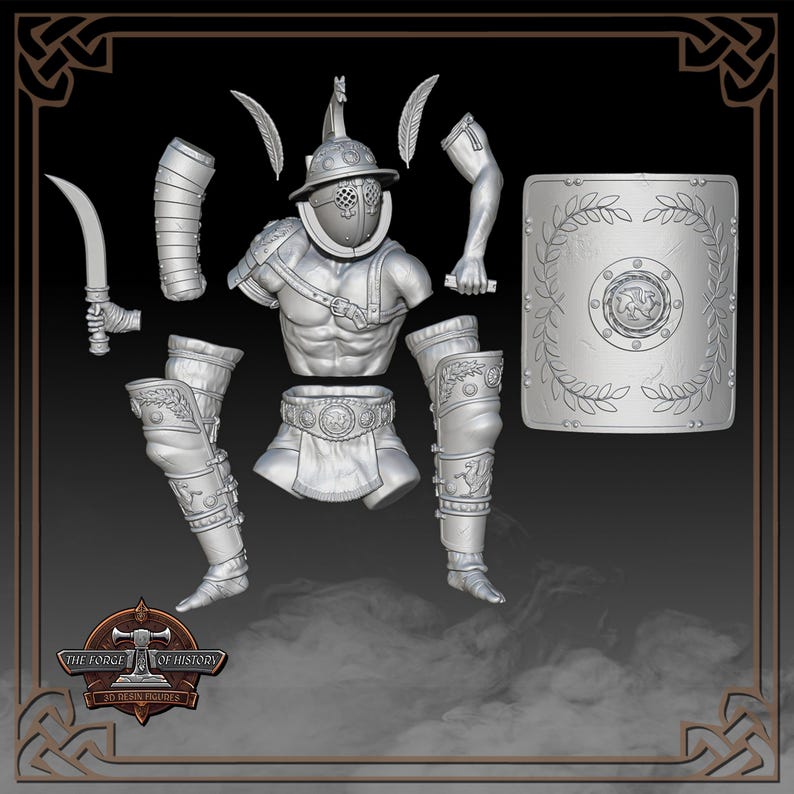 K&ouml;nnte beinhalten: Zerlegte Gladiatorenfigur mit Helm mit Federn, Torso, Armen, Beinen, Schild und einem gebogenen Schwert. Die Teile sind silberfarben und detailliert, mit sichtbaren Texturen und Designs. Der Schild hat einen Lorbeerkranzrand und ein zentrales Emblem.