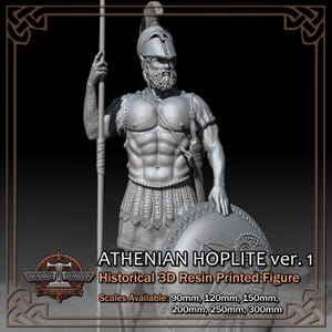 May include: A detailed 3D printed resin figure of an Athenian hoplite warrior, holding a spear and shield. The figure is painted in a silver colour and is available in various sizes, from 90mm to 300mm.