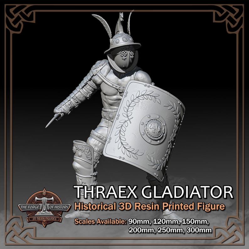K&ouml;nnte beinhalten: 3D-Harz-Druckfigur eines Thraex-Gladiators. Die Figur befindet sich in einer dynamischen Pose und h&auml;lt ein Schwert und einen Schild. Der Schild hat ein Lorbeerkranz-Design. Der Text "THRAEX GLADIATOR" ist sichtbar.