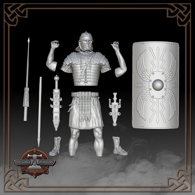 May include: Gray 3D-printed model kit of a Roman legionary, including segmented armor pieces, a sword, a spear, a shield with a winged design, and boots.  The kit is presented against a dark background with a logo that reads 'The Forge of History 3D Resin Figures'.