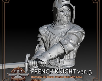 French Knight v3 Bust with Base - 100mm Historic Bust Figure - 3D Resin Printed Model Kit