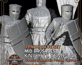 Crusader Knights Templar 3-Pack v2 (Value Set) - Historical Figures - 3D Resin Printed Model Kit - Scale from 90mm to 300mm