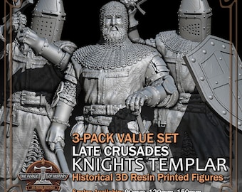 Crusader Knights Templar 3-Pack v3 (Value Set) - Historical Figures - 3D Resin Printed Model Kit - Scale from 90mm to 300mm