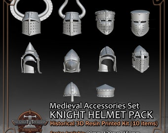 Medieval Knight Helmets Pack (Accessories Set/10 Items) - 3D Resin Printed Model Kit - Scale from 90mm to 300mm