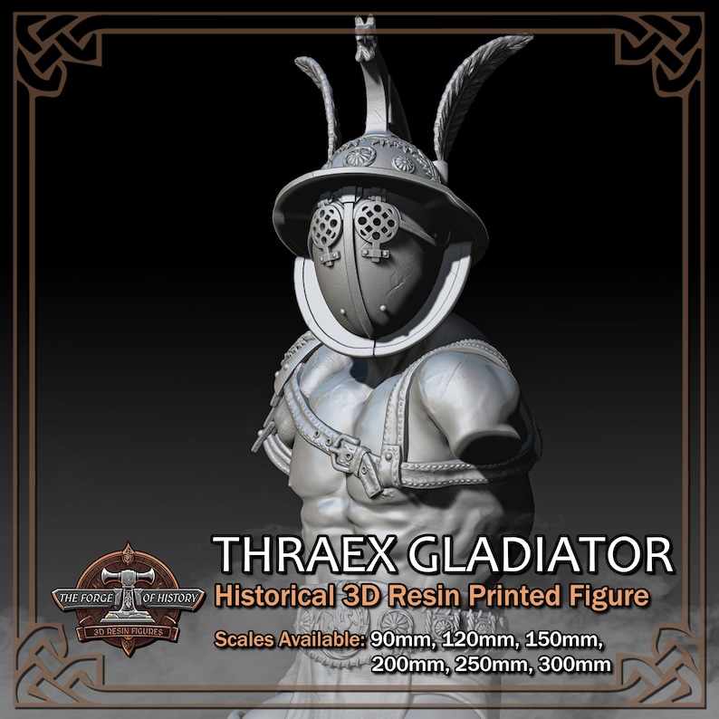K&ouml;nnte beinhalten: Graue 3D-Harzfigur eines Thraex-Gladiators. Die Figur hat einen Helm mit Gesichtsschutz und Federdetails. Der Text lautet "THRAEX GLADIATOR" und "Historical 3D Resin Printed Figure". Verf&uuml;gbare Ma&szlig;st&auml;be: 90 mm, 120 mm, 150 mm, 200 mm, 250 mm, 300 mm.