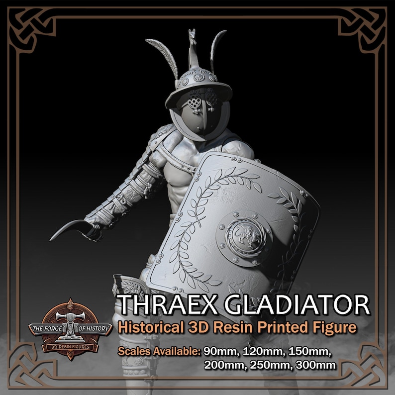 K&ouml;nnte beinhalten: Eine detaillierte 3D-Harz-Druckfigur eines Thraex-Gladiators. Die Figur ist in einer dynamischen Pose dargestellt, mit Schild und gebogener Klinge. Der Gladiator tr&auml;gt einen Helm mit Federn und detaillierter R&uuml;stung. Der Text lautet "THRAEX GLADIATOR" und "Historical 3D Resin Printed Figure".