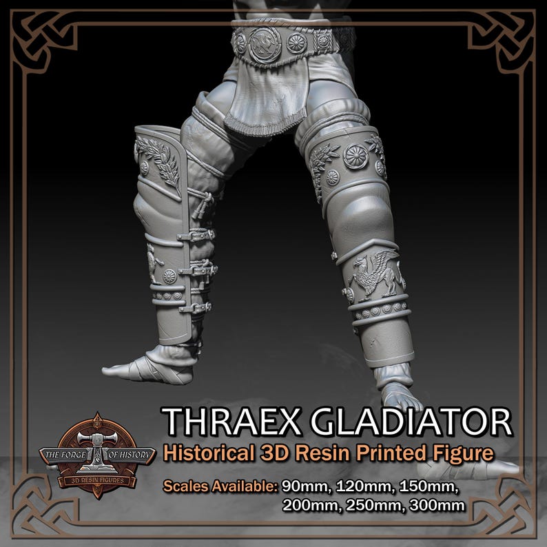 K&ouml;nnte beinhalten: Eine detaillierte 3D-Harzfigur eines Thraex-Gladiators. Die Figur zeigt eine aufwendige R&uuml;stung mit dekorativen Elementen und ist in verschiedenen Ma&szlig;st&auml;ben erh&auml;ltlich: 90mm, 120mm, 150mm, 200mm, 250mm und 300mm (9cm, 12cm, 15cm, 20cm, 25cm und 30cm).