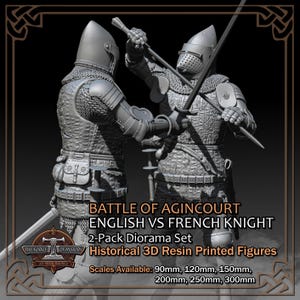 May include: A 3D-printed diorama set featuring two armored knights in combat. The figures are in a battle pose, with swords drawn. The text reads "BATTLE OF AGINCOURT ENGLISH VS FRENCH KNIGHT" and "Historical 3D Resin Printed Figures". Available in various scales.