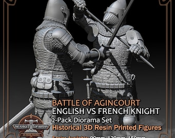 Battle of Agincourt - English VS French Knight 2-Pack Diorama - Historical Figures - 3D Resin Printed Model Kit - Scale from 90mm to 300mm