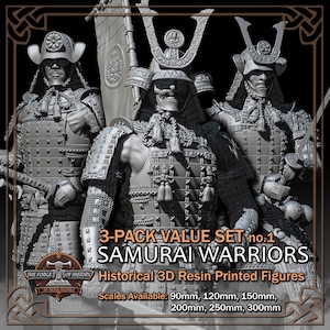 May include: Three gray 3D printed resin samurai warrior figurines in various poses. The figures are wearing traditional armor and helmets. The text "3-PACK VALUE SET no.1 SAMURAI WARRIORS Historical 3D Resin Printed Figures" is displayed below the figures. The text "Scales Available: 90mm, 120mm, 150mm, 200mm, 250mm, 300mm" is displayed below the text.