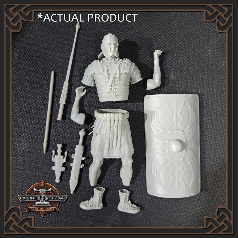 May include: Gray plastic model kit of a Roman legionary.  The unassembled kit includes the torso, legs, arms, head, shield, sword, spear, and other accessories.  The product is shown against a dark gray background.  The text '*ACTUAL PRODUCT*' is visible above the kit.  The logo 'THE FORGE OF HISTORY 3D Resin Figures' is at the bottom.