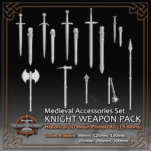 Medieval Knight Weapons Pack (Accessories Set/15 Items) - 3D Resin Printed Model Kit - Scale from 90mm to 300mm