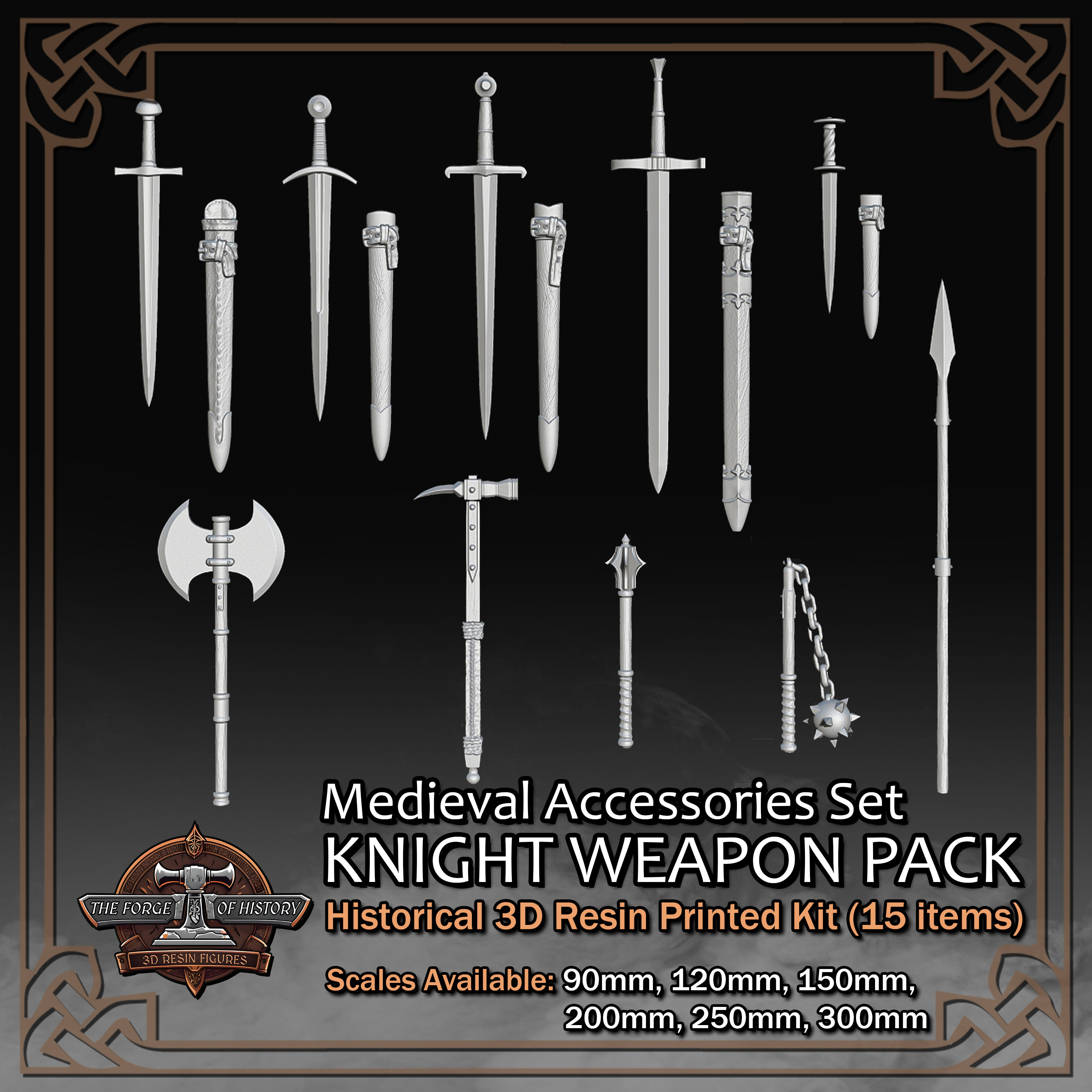 Medieval Knight Weapons Pack (Accessories Set/15 Items) - 3D Resin Printed Model Kit - Scale from 90mm to 300mm