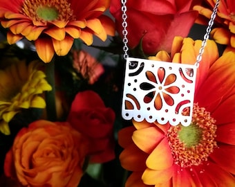 sterling silver papel picado marigold flower 16" necklace handcrafted cempasúchil day of the dead dia de los muertos