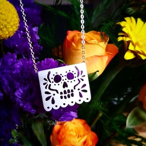 sterling silver Papel Picado Calavera Sugar Skull 16" necklace handcrafted day of the dead mexican dia de los muertos celebration