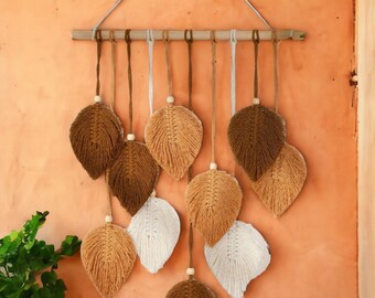 Feuilles Macrame Mur suspendu | Tapisserie Vert Brun Style Boho | Tenture murale faite à la main | Décoration de jardin à la maison | décoration murale esthétique