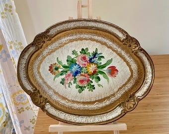 Italian Florentine Carved Wood Tray Vintage Hand Painted Gold and Floral Baroque Rococo Hollywood Regency decor