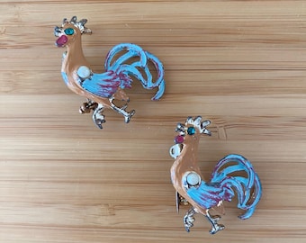 Vintage Set Of 2 Enamel Rooster Brooch / Pins Costume Jewelry