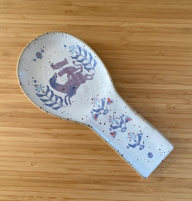 Anthropologie Maria Lena Ceramic Spoon Rest: Zebra, Monkey, Bird Folk Art Design image 1