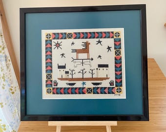 Vintage Cross Stitch Signed Needlepoint Framed Cottagecore or Primitive Country Farmhouse Decor