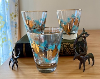 Mid Century Gold Pine Cone Glasses, David Douglas for Libbey, Set of 3