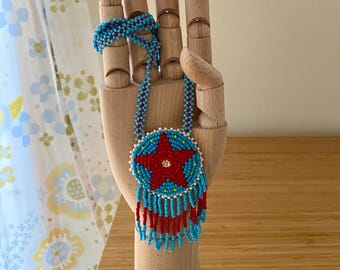 Vintage Beaded Medallion Necklace Native American Seed Bead Turquoise Red Star Daisy Chain