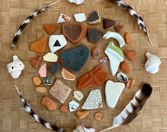 Maine Sea Pottery and Sea Brick 37 Pieces and Neptune Shells Hearts Browns and Earthtones Authentic Foraged Beachglass Sea Brick Real