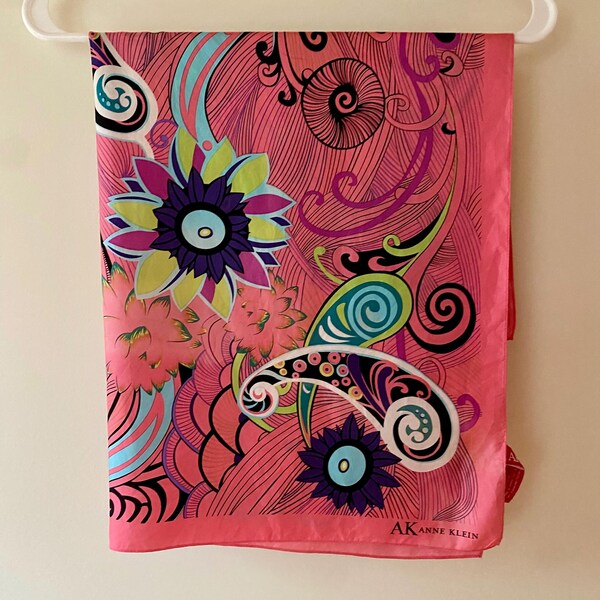 Anne Klein Silk Scarf Square Rolled Hems Pink with Floral and Paisley Pattern
