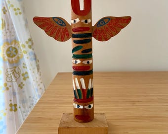Wood Totem Pole Handmade Indigenous Native American Indian Vintage Folk Art Midcentury