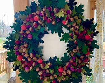 Felt Acorn & Oak Leaf Wreath 16” Handcrafted Artisan Made Wreath Indoor Use Wall Hang or Centerpiece