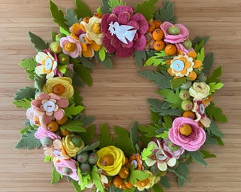 Handcrafted Wreath Vintage Mother of Pearl Bird, Buttons, Felt Flower & Leaf 9” Artisan Wall Decor or Centerpiece