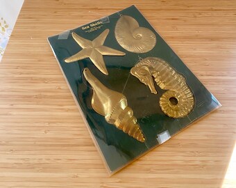 Vintage Department 56 Brass Ornament Set Sea Shells Seashore Ornaments in Original Packaging Embossed Brass Nautical Themed Set/4