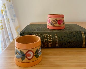 Folk Art Wooden Egg Cups Hand Painted in Europe Vintage Rosemaling / Toll Painting