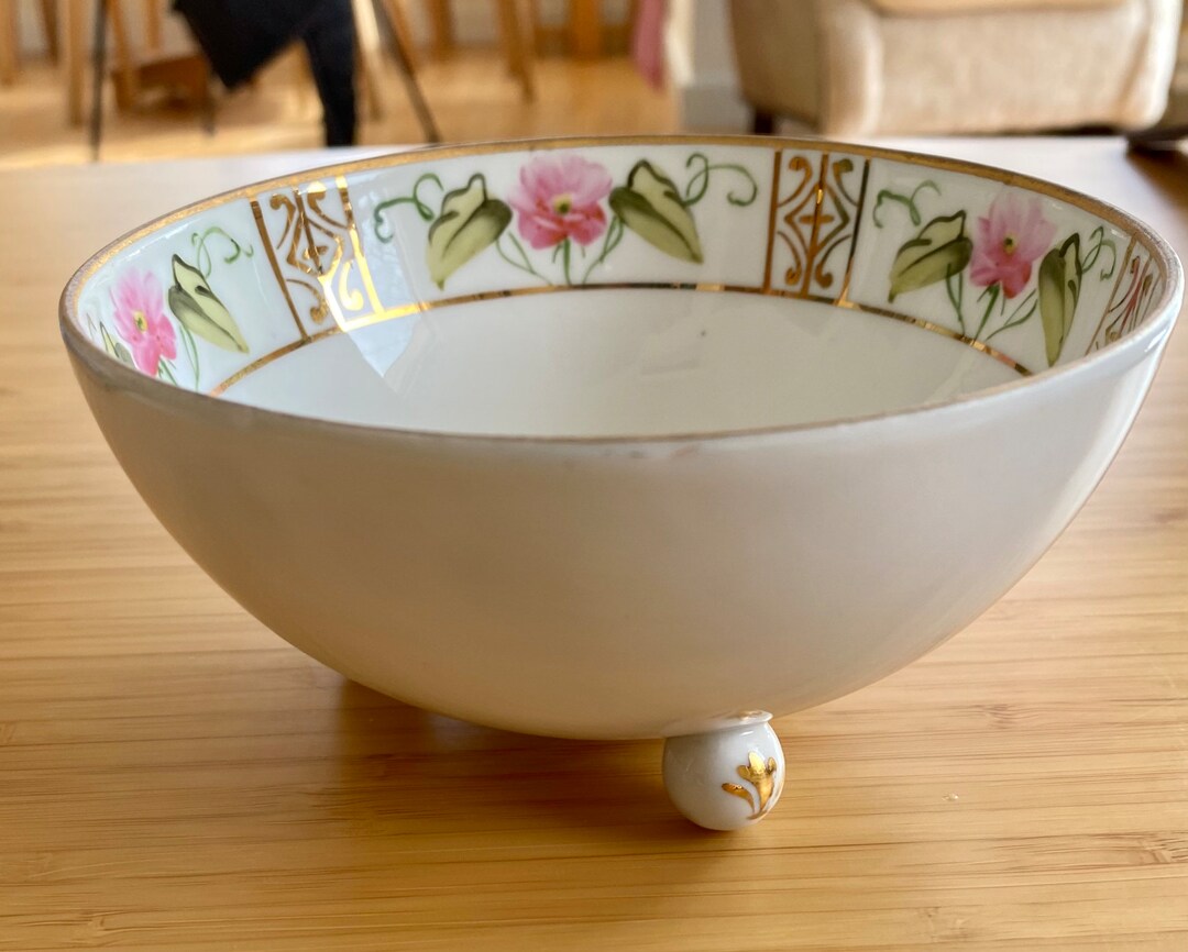 Nippon Porcelain Bowl With Lotus Flower Pattern Footed Dish Bowl