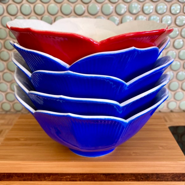 Rice Bowl Blue and Red Vintage Lotus Shaped Larger Sized Bowls