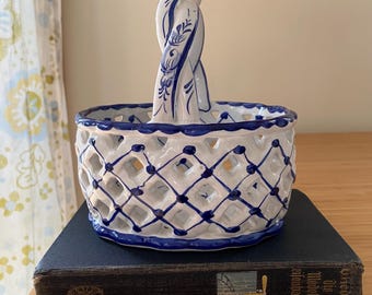 Portuguese Berry Basket Hand Painted Reticulated Pottery: Vintage Ceramic Signed Folk Art