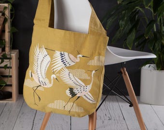 Crane Purse Tote Bag Cotton Light Canvas Gold with Cranes Shopping Carryall