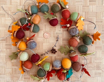 Felt Acorn Ornaments with Wool Felt Leaves 2cm Set of 10 Earthy Colors