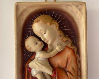 Goebel M.I. Hummel Chalkware Madonna and Child Wall Plaque Mother Mary and Baby Jesus Art Relief Sculpture # 48/2
