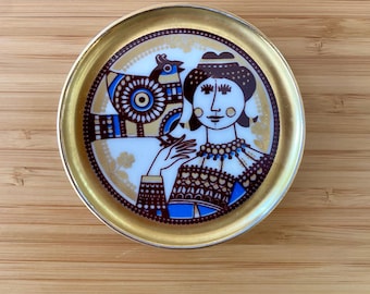 Vintage Mosa Maastricht Miniature Porcelain Plate Trinket Dish the Netherlands Gold Woman and Bird