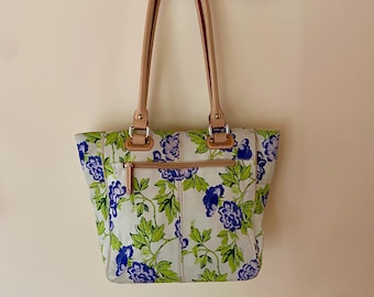 Genuine Leather Tiganello Purse Handbag Bag Light Blue with Blue & Green Floral Rose Pattern