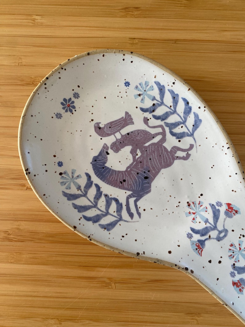 Anthropologie Maria Lena Ceramic Spoon Rest: Zebra, Monkey, Bird Folk Art Design image 2