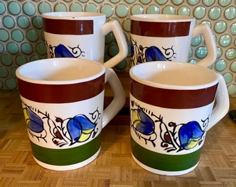 Vintage Coffee Cups Made in Japan Blue Flowers Japanese Mug Ceramic Set of 4 50/23