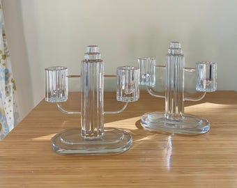Pair of Vintage Art Deco Glass Ridgeleigh Dual Candlesticks / Candle Holders by Heisey 1930s
