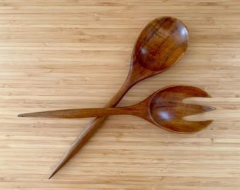 Wooden Salad Serving Set / Vintage Salad Servers Wood Utensils