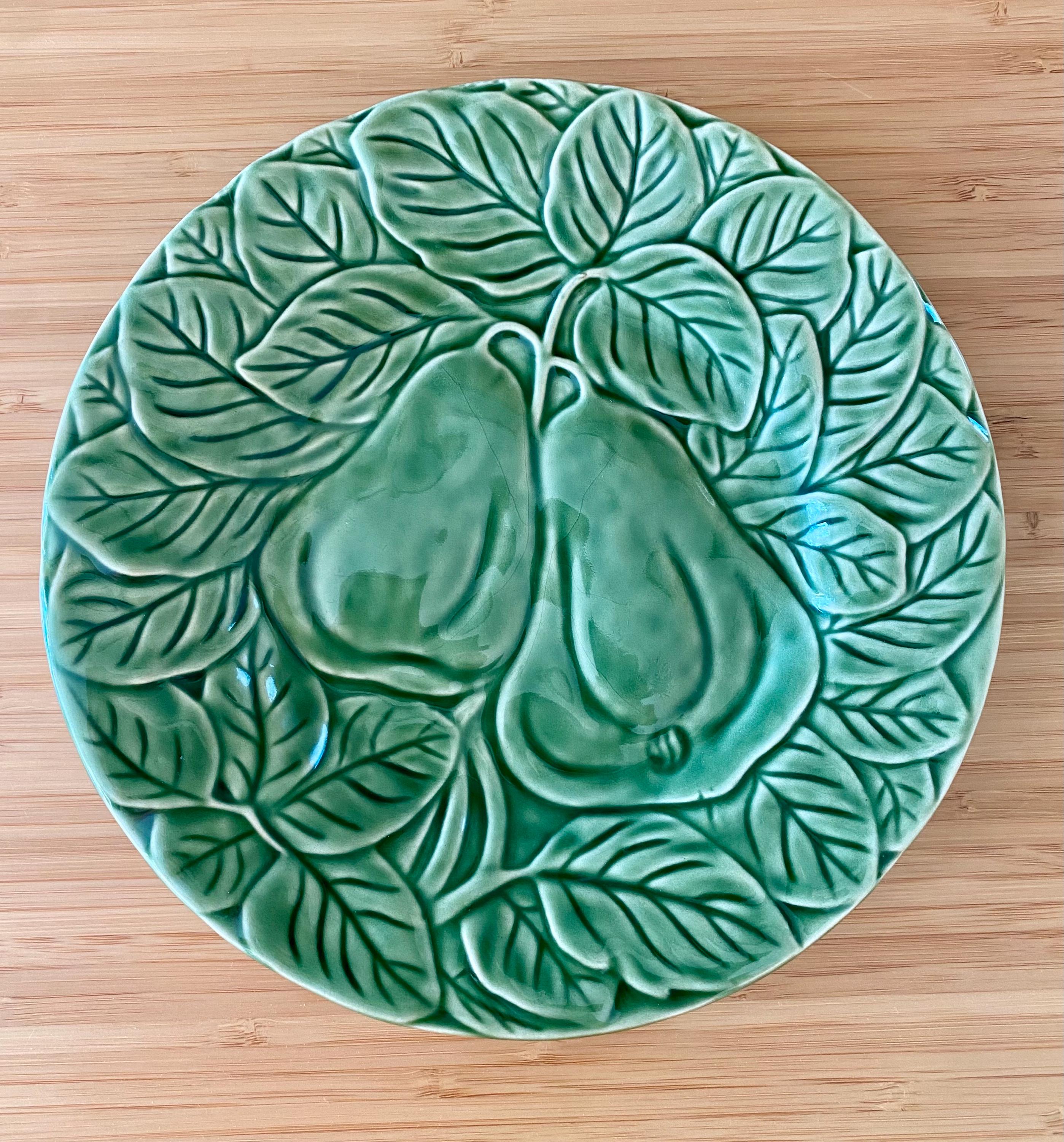 Plate Pear Leaves Bordallo Pinheiro Portugal Majolica Fruit Embossed 7.75" Luncheon Salad Plate Portuguese Cabbage Ware Cabbageware